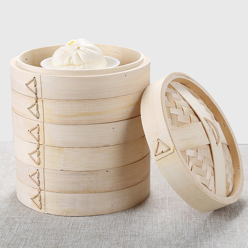 6 Inch Basket Dim Sum Bamboo Steamers With Lid 2 Tiers